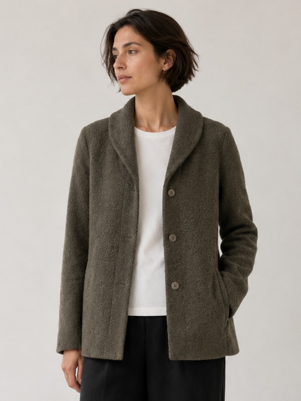 Eileen Fisher Boiled Wool Jacket Olive Green 3 Button Virgin Wool Blend XS